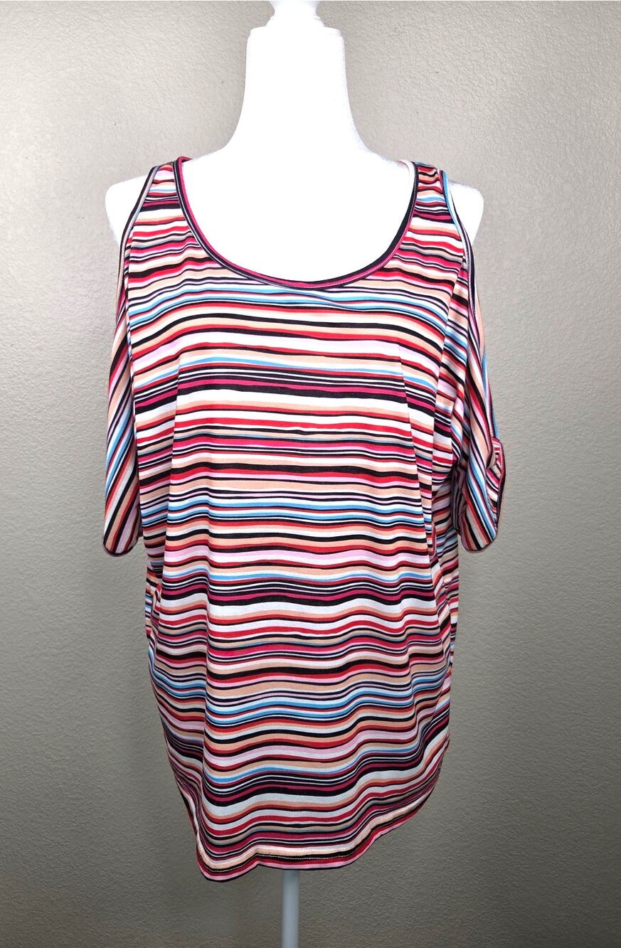 Couer De Vague Colorful Striped Cold‑Shoulder Blouse (Excellent Condition)